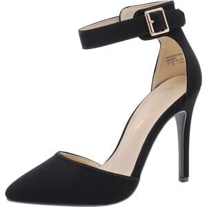 New Dream Pairs 7 Black Nubuck Matte Ankle Strap Heels Pointed Toe Stiletto Wide